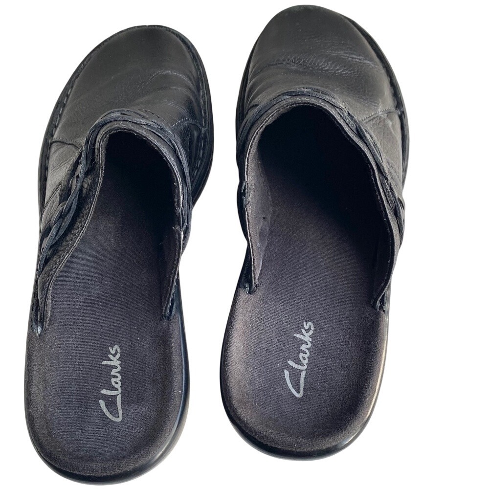 Clarks Leather Mules Women 10 Black Braided Slip On Clogs